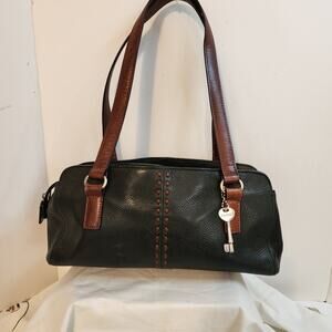 Fossil Black Brown Leather Shoulder Bag Satchel Purse Key Charm Medium Handbag